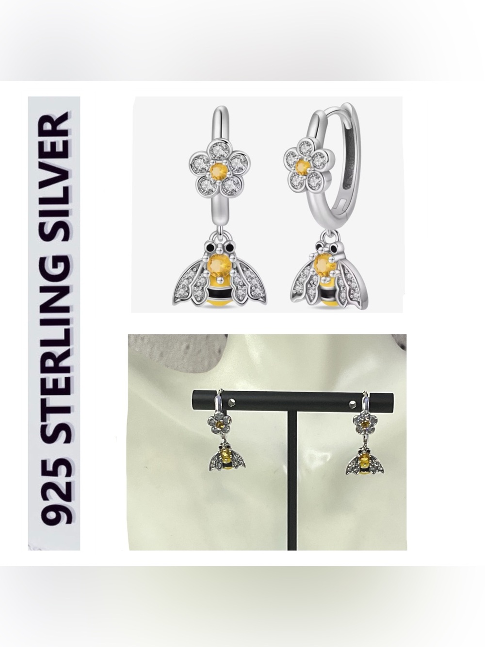 🌟🌟 S925 Sterling Silver Bee & Flower Drop Earrings with Yellow Accents